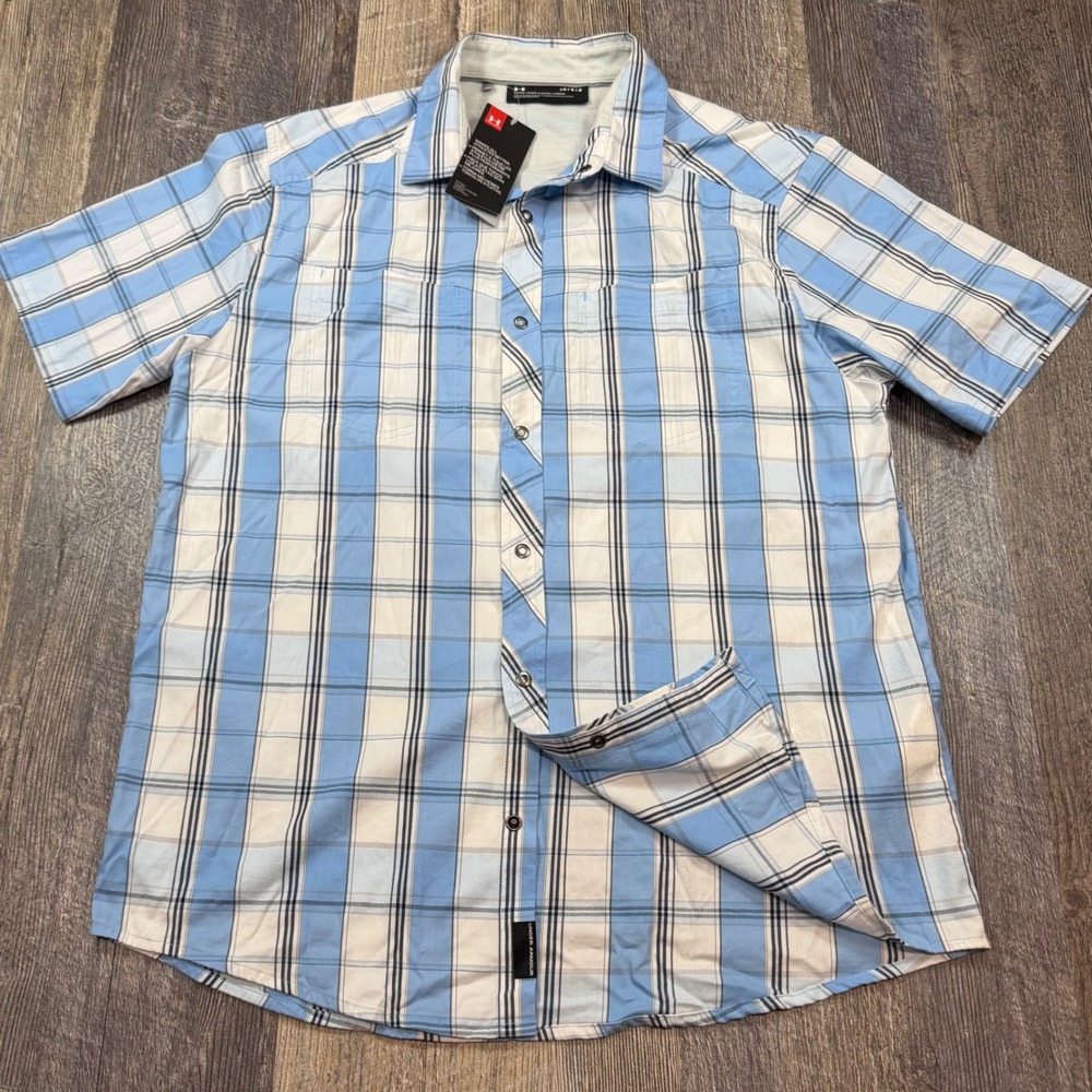 Under Armour Short Sleeve Button Down Shirt Mens L Fitted Blue Plaid Snap Front